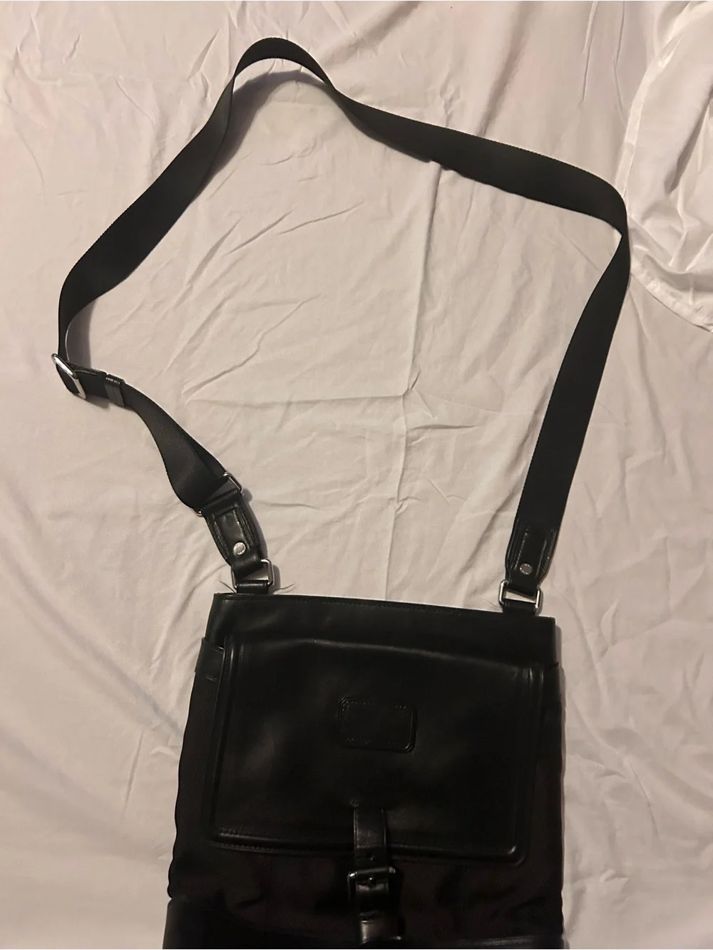 Tumi Black Leather & Nylon Messenger Bag with Buckle Detail